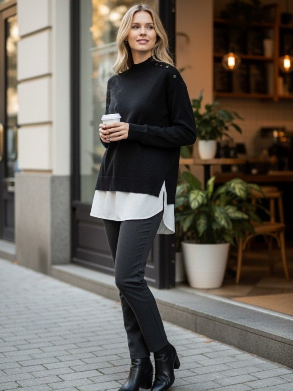 NWT Ann Taylor Black Mock Neck Layered Sweater Woven Shirttail Hem XS